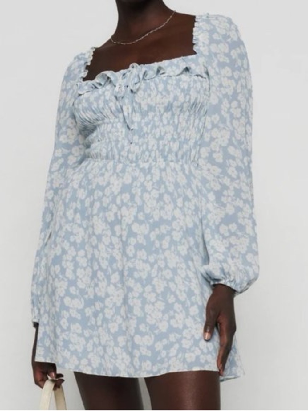 ✨ Reformation Morris Dress‎ Blue Floral Smocked Midi Dress Ruffle Neck Size 0